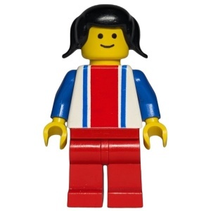 ver010G Torso met verticale strepen, blauwe armen, rode benen en zwart haar gebruikt *0M0000
