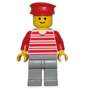 hor018G Torso met horizontale strepen rood, rode armen, lichtgrijze benen, rode platte pet gebruikt *0M0000