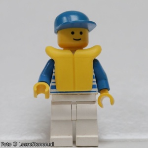 hor023G Torso met horizontale strepen blauw, blauwe armen, witte benen, blauwe pet en reddingsvest gebruikt *0M0000