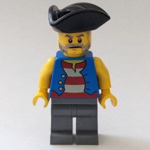 pi186G Piraat- zwarte driehoekige hoed, blauw vest, donkergrijsblauwe benen gebruikt *0M0000