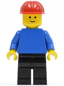 pln037G Effen blauw Torso met blauw armen, zwarte benen, rode Construction helm gebruikt *0M0000