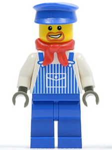 trn076 Machinist Max, blauwe pet, baard rond mond, rode sjaal, blauw gestreepte overall NIEUW *0M0000