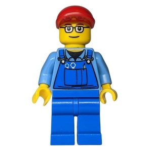 trn227aG Spoorwegwerker, blauwe overall met gereedschap, rode pet en rode wenkbrauwen gebruikt *0M0000