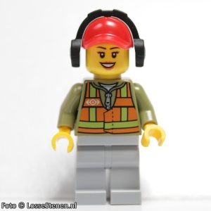 trn236 Spoorwerker- Licht oranje Veiligheids vest, rode constructiehelm, oorbeschermer, donkergrijsblauwe benen NIEUW *0M0000