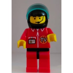 twn025G Rode jas met Tvlogo inwereldbol, zwarte helm, headset gebruikt *0M0000