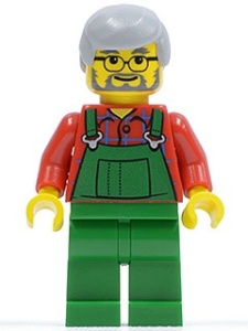 twn055G Boer, groene overall, rood hemd, bril, snor en baard, lichtgrijs haar gebruikt *0M0000