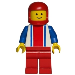 ver013G Man met gestreept shirt, blauwe armen en rode classic helm gebruikt *0M0000