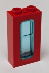 4035c02-5G Trein, raam 1x2x3 MET TRANSPARANT LICHTBLAUW GLAS rood gebruikt *1C036