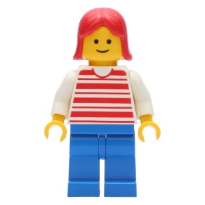 hor027G Torso met horizontale strepen, witte armen, blauwe benen en rood haar gebruikt *0M0000