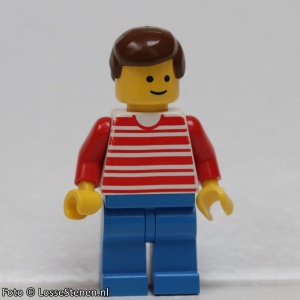 hor028G LIJF: horizontale strepen rood HAAR/HOOFDDEKSEL: man bruin HOOFD: standaard BENEN: blauw gebruikt *0M0000