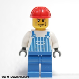 ovr031G Man, rode constructiehelm, streepjesoverall, blauwe broek, strepen op wang gebruikt *0M0000