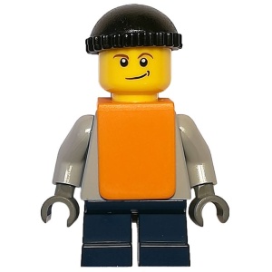 twn059G Jongen, oranke vest, grijs hemd, korte donkerblauwe benen gebruikt *0M0000