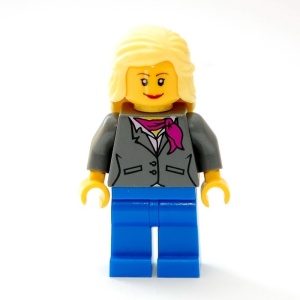 twn119G Vrouw, donkergrijs jasje, blauwe benen en heldergeel haar gebruikt *0M0000