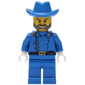 ww002G Wild West- Cavalerie Luitenant, één rij knopen, blauwe broek, hoofd met baard, blauwe cowboyhoed gebruikt *0M0000