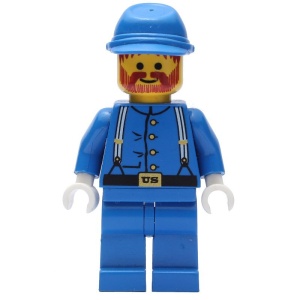 ww005G Wild West- Cavalerie Soldaat, uniform met bretels, blauwe benen, rode snor en baard, blauwe cavelerie- cap gebruikt *0M0000