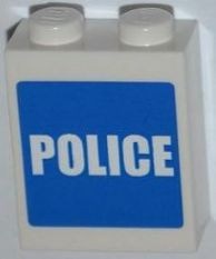 3245cpb012-1G Steen 1x2x2 Blauw vlak witte letters POLICE (sticker) wit gebruikt *2-4