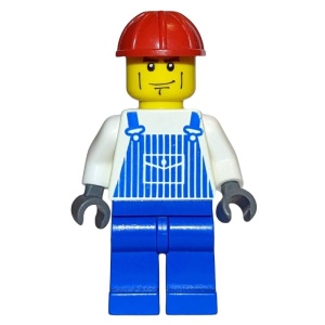 ovr031 Man, rode constructiehelm, streepjesoverall, blauwe broek, strepen op wang NIEUW *0M0000