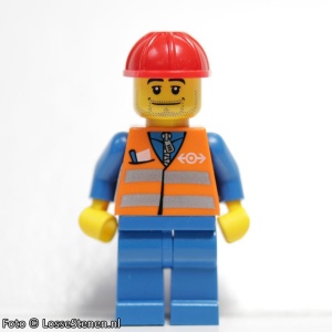 trn002G Oranje Vest met zilveren veiligheidsstrepen, blauwe benen en rode constructiehelm gebruikt *0M0000