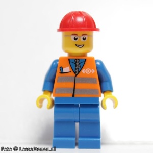 trn226 Spoorwegwerker, oranje vest met veiligheidsstrepen, rode helm, blauwe benen NIEUW *0M0000