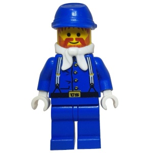 ww006G Wild West- Cavalerie Soldaat, uniform met bretels, blauwe benen, rode snor en baard, blauwe cavelerie- cap, witte sjaal gebruikt *0M0000