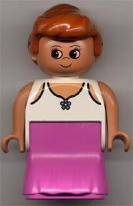 31181pb01 Duplo Figure, Female Lady, Dark Pink Dress, Lace Lined Tank Top with Blue Flower *