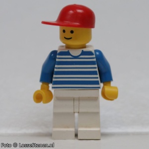 hor003G Horizontale strepen blauw - blauw armen - witte benen, rood Cap gebruikt *0M0000