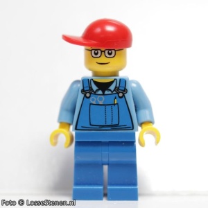 trn227 Spoorwegwerker, blauwe overall met gereedschap, rode helm, blauwe benen NIEUW *0M0000