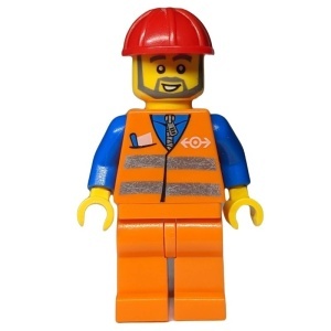 trn229G Man met oranje vest met strepen, oranje benen en rode helm gebruikt *0M0000