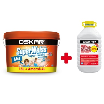 Vopsea lavabila mat superweiss 15l, alb, interior anti mucegai OSKAR + amorsa 4 l OSKAR
