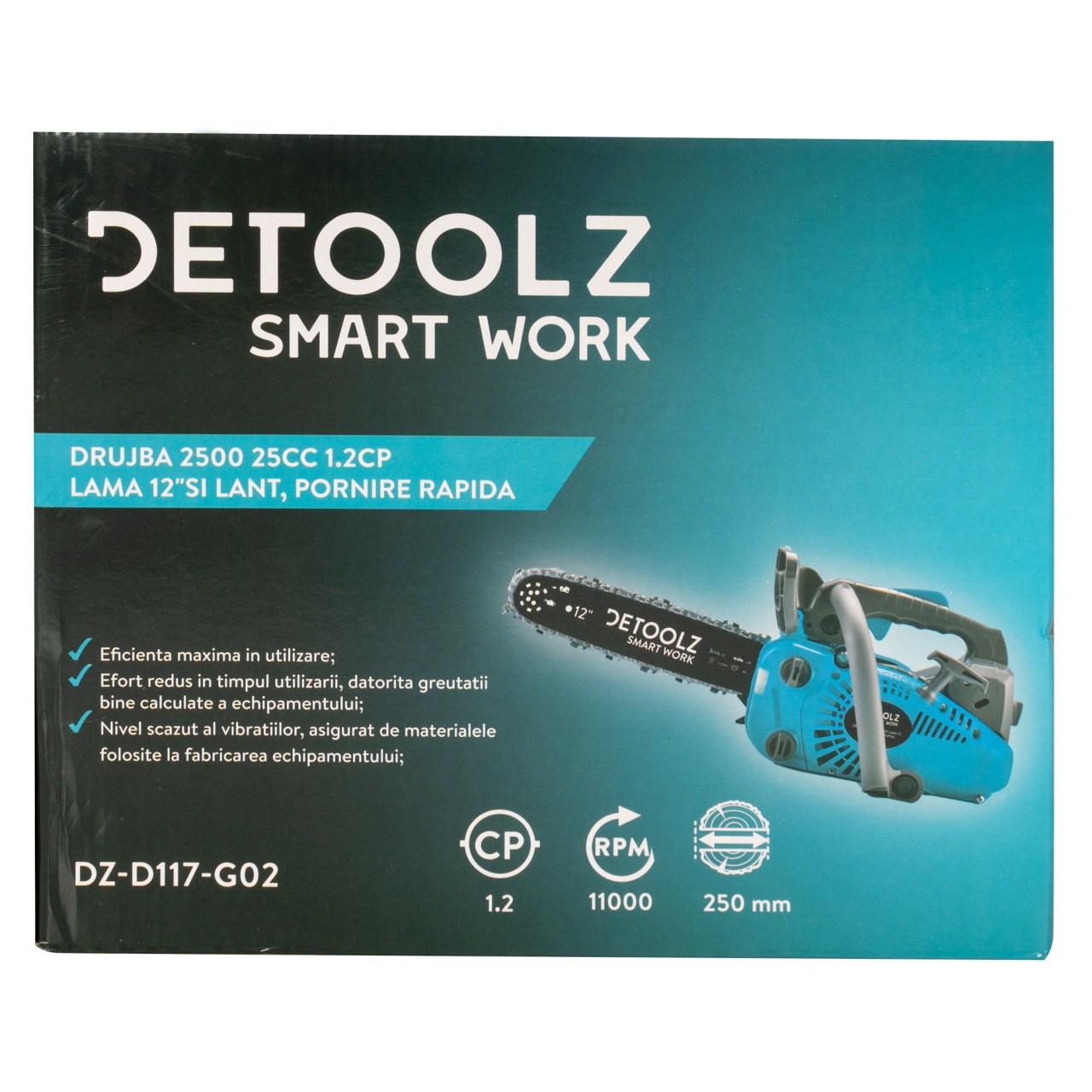Drujba Detoolz 2500, 1.2CP, cu lama 12'' si lant, pornire rapida [22]