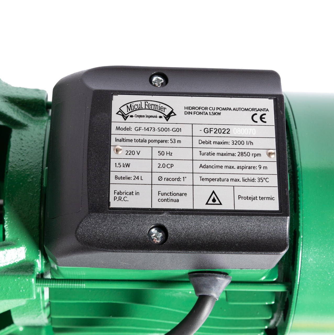 Hidrofor Micul Fermier 1.5 kW, debit maxim 3000l/h, inaltime maxima de pompare 53m, corp pompa fonta, capacitate vas expansiune 24 litri [11]