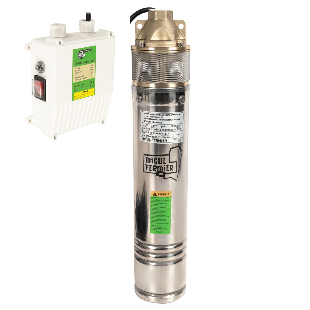 Pompa submersibila Micul Fermier, pentru apa curata, 1.3kW, debit 3000l/h, inaltime maxima pompare 60m, cu o turbina [1]