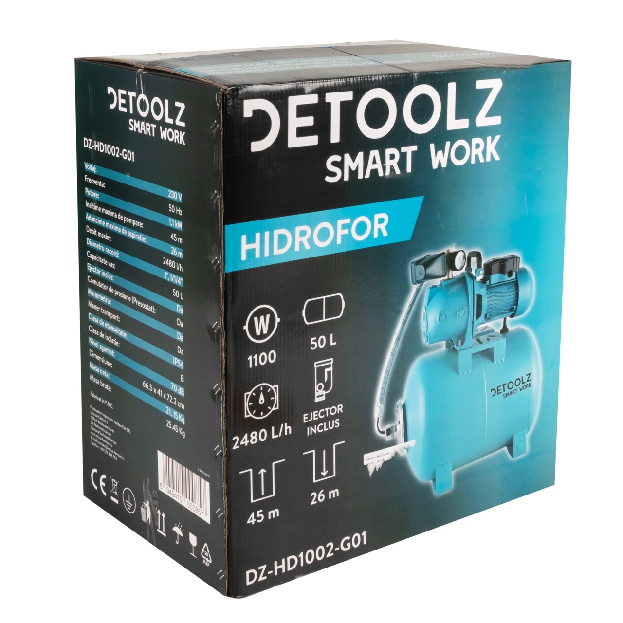 Hidrofor Detoolz 1.1 kW, debit maxim 2480lh, inaltime maxima de pompare 45m, corp pompa fonta, butelie 50L, ejector [14]