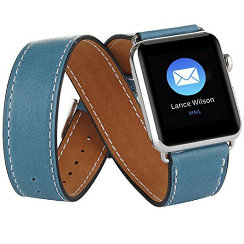 Apple Watch 1/2/3/4/5/6/7 szíj 42 mm iUni szerves bőr Double Tour Kék