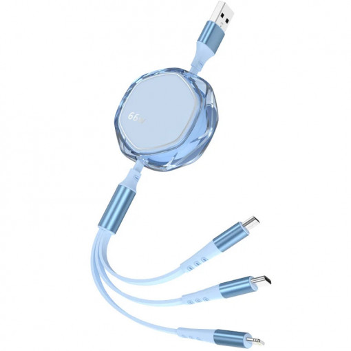 Cablu incarcare USB, USB-C, Micro USB, Lighting, 66W, Fast Charge, 120cm, Retractabil, iUni x1