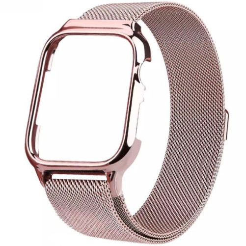 Curea iUni compatibila cu Apple Watch 1/2/3/4/5/6/7, 38mm, Milanese Loop, carcasa protectie incorporata, Rose Gold