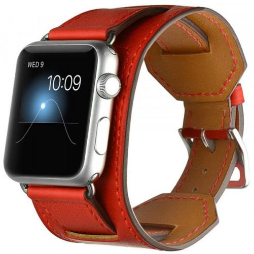 Curea iUni compatibila cu Apple Watch 1/2/3/4/5/6/7, 42mm, Cuff, Piele, Rosu