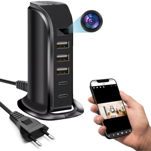 Mini Camera Wi-Fi iUni IP91, Full HD, Statie Incarcare, 2 porturi Type-C, 3 porturi USB-A, 20W