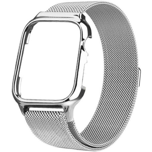 Curea iUni compatibila cu Apple Watch 1/2/3/4/5/6/7, 42mm, Milanese Loop, carcasa protectie incorporata, Silver