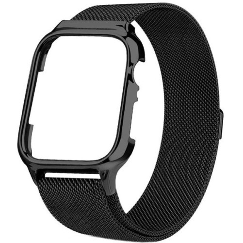 Curea iUni compatibila cu Apple Watch 1/2/3/4/5/6/7, 42mm, Milanese Loop, carcasa protectie incorporata, Black