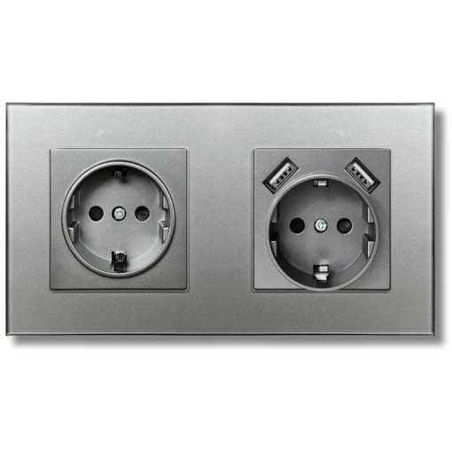 Priza dubla rama din sticla securizata, 2 porturi USB-A, iUni US2, 16A, Silver