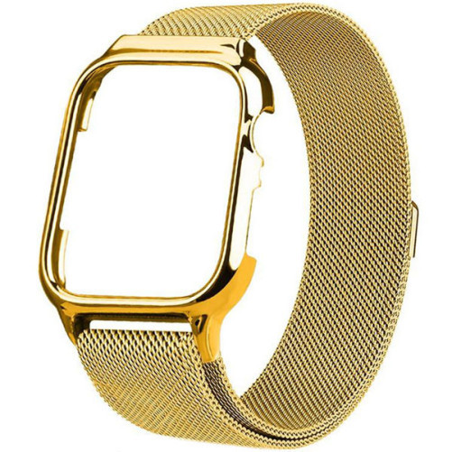 Каишка iUni за Apple Watch 1/2/3/4/5/6/7, Milanese Loop, 42мм, Вграден защитен калъф, Злато