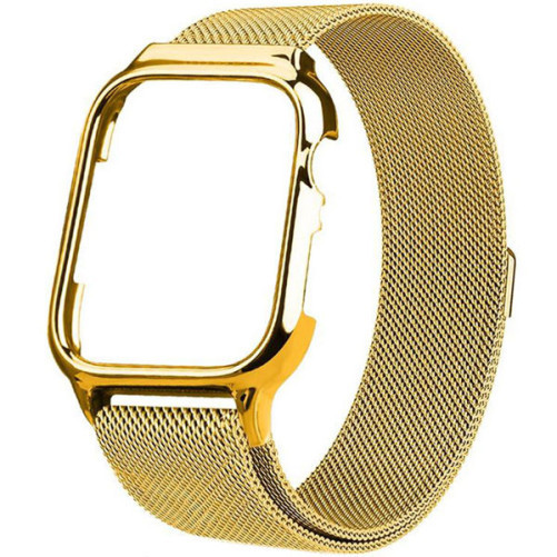 Curea iUni compatibila cu Apple Watch 1/2/3/4/5/6/7, 42mm, Milanese Loop, carcasa protectie incorporata, Gold