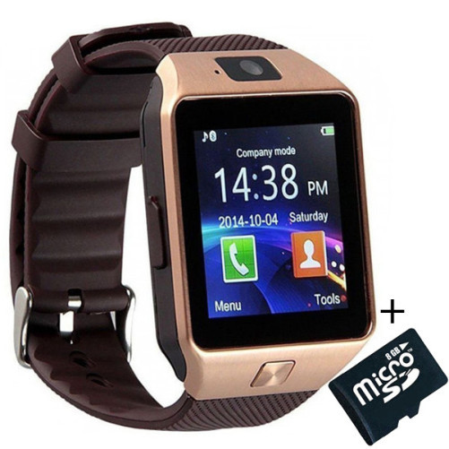Smartwatch iUni DZ09 Plus, 1.3MP Камера, Bluetooth, 1.54 inch, Златист + 8GB MicroSD карта