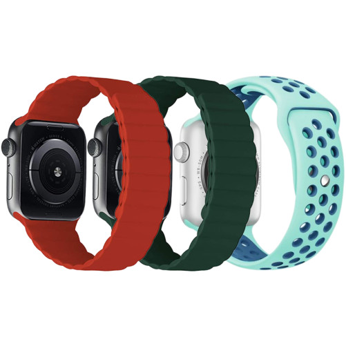 3 db iUni Apple Watch kompatibilis szíj 1/2/3/4/5/6/7, 44mm, szilikon, piros, zöld, türkiz/kék, piros, zöld, türkiz/kék
