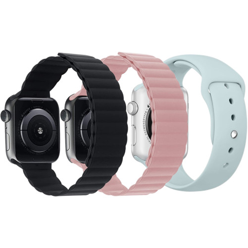 Комплект от 3 iUni Apple Watch съвместими каишки 1/2/3/4/5/6/7, 44 мм, силиконови, черни, розови, тюркоазени