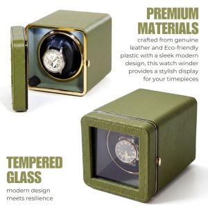 Cutie intors ceas automatic iUni, Watch Winder, Piele ecologica, Verde Kaki - Img 6