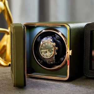 Cutie intors ceas automatic iUni, Watch Winder, Piele ecologica, Verde Kaki - Img 3