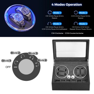Cutie intors ceasuri iUni, 4 Programe, Watch Winder 4 + 6 spatii depozitare, Piele ecologica, Black - Img 3