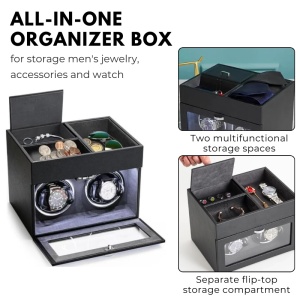 Cutie intors ceasuri iUni, Watch Winder 2 + 3 Compartimente accesorii, Piele ecologica, Negru-Gri - Img 8